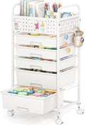 5 Drawer Rolling Storage Cart with Pegboard Top and Hooks, White by SYKIARIOL