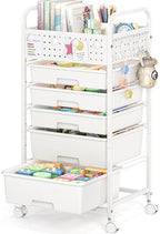 5 Drawer Rolling Storage Cart with Pegboard Top and Hooks, White by SYKIARIOL