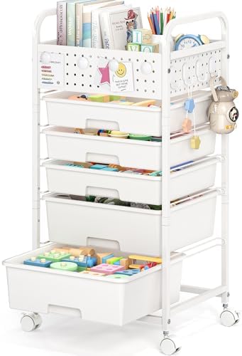 5 Drawer Rolling Storage Cart with Pegboard Top and Hooks, White by SYKIARIOL