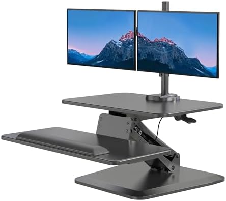 Mount-It! Standing Desk Converter, Stand Up Desk Riser with Dual Monitor Mount, Adjustable Workstation in Black, Top Platform 23" Wide, Keyboard Mouse Tray 27" Wide, Raises 5" to 17" Tall by Mount-It
