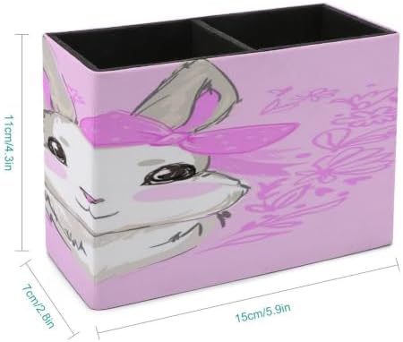PU Leather Multi-Compartment Pen Holder Desktop Organizer Pencil Cup Storage Caddy for Office Home Supplies Hand Drawn Vector Rabbit Cute Bunny Rabbit with Bow Cute - Image 2