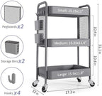 TOOLF 3 Tier Rolling Cart, Metal Utility Storage Cart with Pegboard, Grey - Image 6