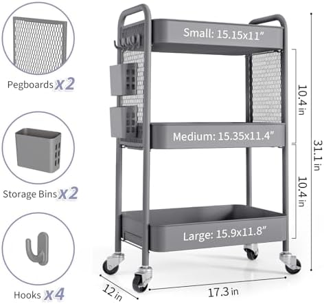 TOOLF 3 Tier Rolling Cart, Metal Utility Storage Cart with Pegboard, Grey - Image 6