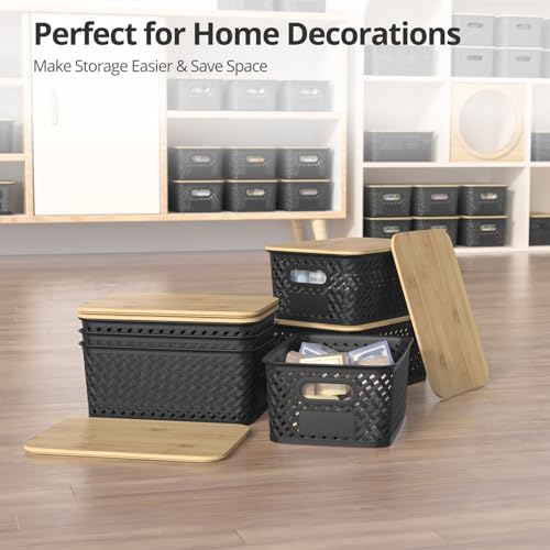 Plastic Storage Bins with Bamboo Lids, Stackable Small Box Baskets for Organizing and Containers for Shelves Drawers Desktop Closet Pantry Classroom Office Home, 6 Pack 10.2x7.2x4.1 Inch, Black - Image 7