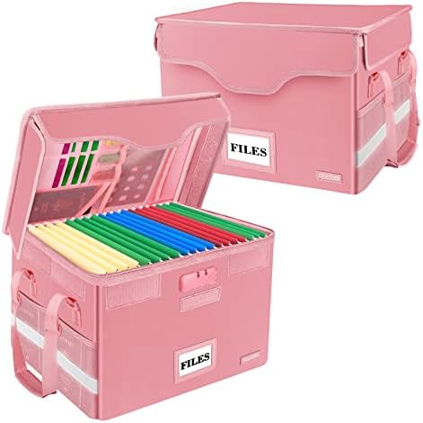 DocSafe Fireproof Document Box with Lock,File Storage Organizer with Pockets,Collapsible Portable File Box Home Office Safe Filing Cabinet with Handle for Hanging Letter/Legal Folders,Pink,2 Pack by DocSafe