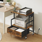 YATINEY Printer Stand, 3 Tier Printer Cart with Power Outlet and Fabric Drawers, Industrial Mobile Printer Table on Wheels, Printer Stand with Storage for Home Office, Study, Living Room PS03BR - Image 2