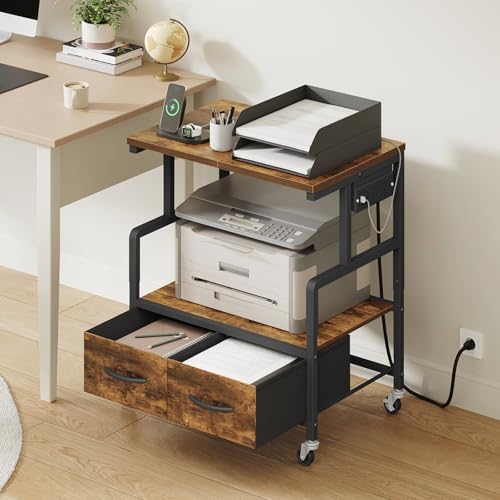 YATINEY Printer Stand, 3 Tier Printer Cart with Power Outlet and Fabric Drawers, Industrial Mobile Printer Table on Wheels, Printer Stand with Storage for Home Office, Study, Living Room PS03BR - Image 2