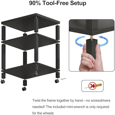 3-Tier Printer Stand with Wheels, Large Under Desk Rolling Cart for Office Storage, Heavy Duty Machine Stand with Adjustable Shelf, 22.04"x17.71"x26.54", Black - Image 7