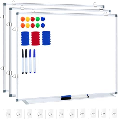 H-Qprobd White Board Dry Erase Whiteboard for Wall 24x18 (3pcs) Magnetic Boards for Office Classroom & Home, Small Wall Whiteboard Including 6 Markers, 10 Magnets, 2 Erasers & 15 Adhesive Hooks by H-Qprobd