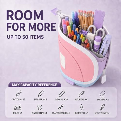 Retractable Pencil Case, Large Standing Pen Pouch, 3 Compartments (Rococo Pink) - Image 2