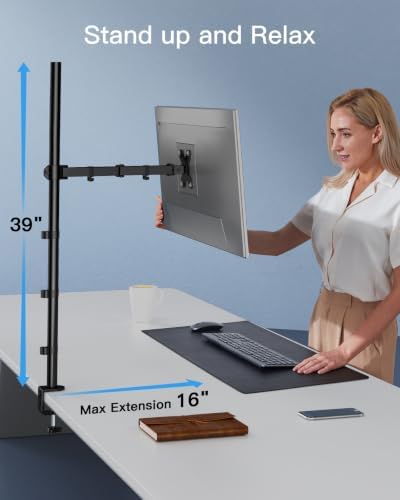 HUANUO Single Monitor Arm with 39 inch Extra-Tall Pole, Adjustable Computer Desk Mount for 13–32 inch Screens and up to 38 inch Ultrawide Screens, Hold 22 lbs, Monitor Stand with C-Clamp & Grommt Base - Image 5