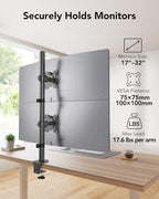 HUANUO Vertical Dual Monitor Mount, Stacked Monitor Stand for 2 Monitors with Height Adjustment Computer Monitor Arm Supports Two 17 to 32 Inch with C Clamp Each Desk Mount Hold up to 17.6lbs - Image 2