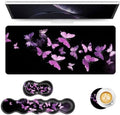 Keyboard Mouse Pad Set, Extended Gaming Mouse Pad+Ergonomics Keyboard Wrist Rest Support, Memory Foam, Easy Typing Pain Relief, 4Pcs XL Ultra Thick Desk Mat,Purple Butterflies by Vobber