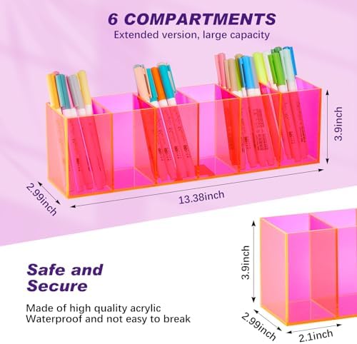 2 Pcs Acrylic Makeup Brush Holder 6 Compartments Pen Organizer, Pink - Image 2