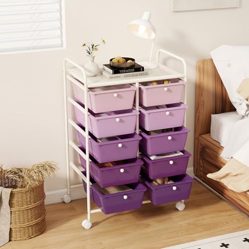 LDAILY 10 Drawer Rolling Cart, Storage Cart Organizer on Wheels, Drawer Cart with Metal Frame & Large Storage Capacity, Rolling Cart with Drawers for Living Room Classroom, Office - Image 2