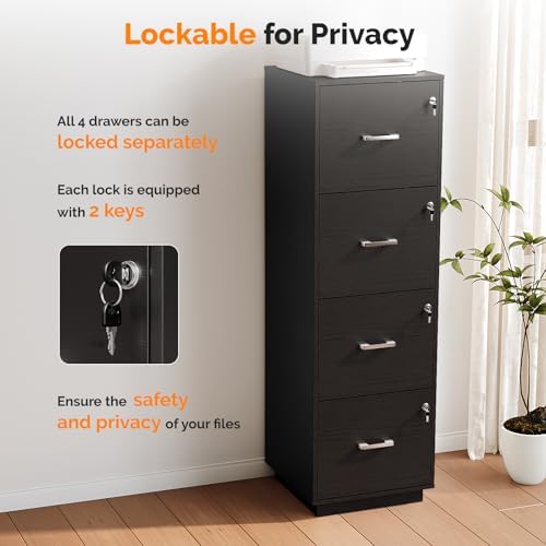 VINGLI 4 Drawer File Cabinet with Lock, Home Office Filing Organizer, for Letter Size File Folder Storage, Wood Tall Vertical Filing Cabinet, Printer Stand, Archivador (Black) - Image 5