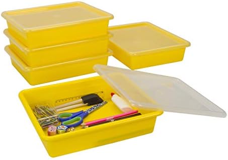 Storex Letter Size Flat Storage Tray – Organizer Bin with Non-Snap Lid for Classroom, Office and Home, Yellow, 5-Pack (62538A05C) by Storex