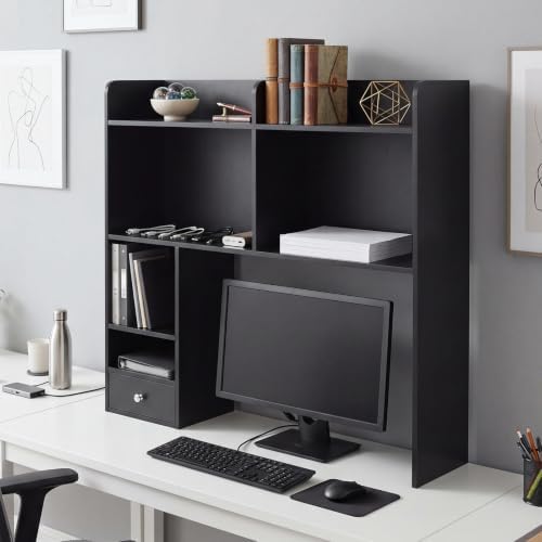 Cinnvoice White Desktop Bookshelf Countertop Storage Hutch with Drawer for Computer Desk 5-Tier Display Rack Multipurpose Wood Desktop Hutch Storage Organize for College Dorm Home Office Supply - Image 7