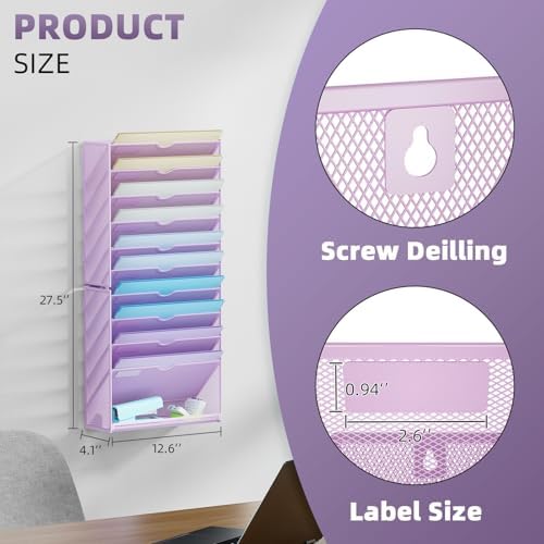 Marbrasse Wall File Holder 11-Tier Hanging Wall File Organizer, for Papers, Files Clipboard & Magazine Organizer, Wall Mount File Holder Great for Office Home (Purple) - Image 2