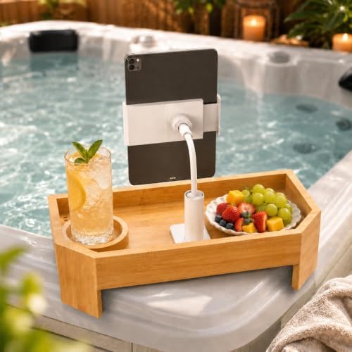 Bamboo Hot Tub Tray with 360°Adjustable Phone Holder, Hot Tub Drink Holder by Unknown