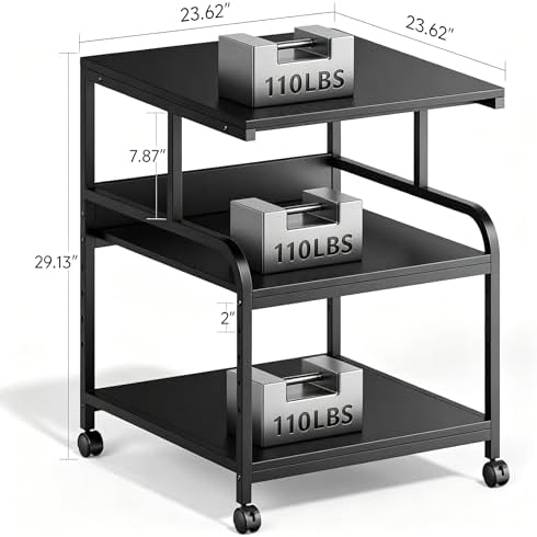 Warmiehomy Printer Stand, 24''×24''×29'' Large Printer Table for Home Office with Locking Casters, Sturdy 3-Tier Rolling Cart with Adjustable Shelf, Mini Fridge Stand, Home Office Essentials, Black - Image 2