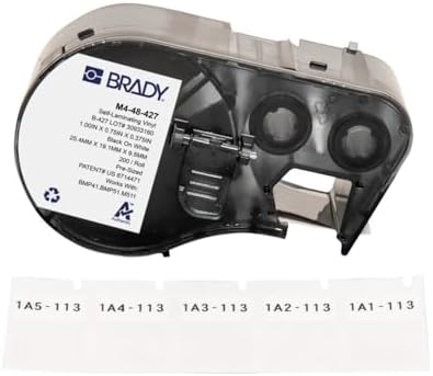 Brady Authentic (M4-48-427) Self-Laminating Vinyl Wrap Around Labels 1" H x 0.75" W Black on White, Clear, 200 Labels. for use with the BMP41, BMP51, and M511 Label Printers by BradyCorp