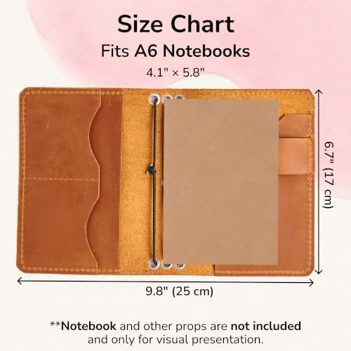 Travelers Leather Journal Cover A6 – Leather Notebook Case with 3 Elastic Bands, Card Slots, Pen Holder & Interior Pockets, Fits 4.1" x 5.8" Notebooks (Paper Not Included), Warm Brown - Image 2