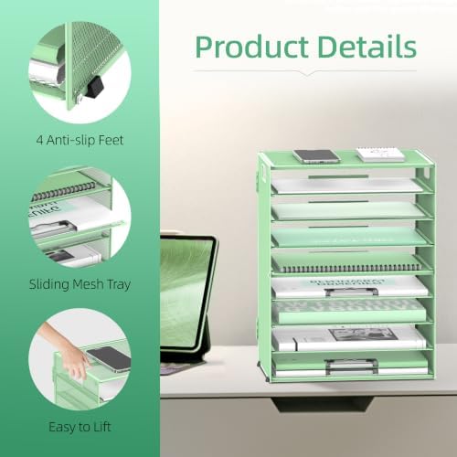 9-Tier Paper Organizer for Desk, Metal Letter Tray with Handles, Mint Green - Image 5
