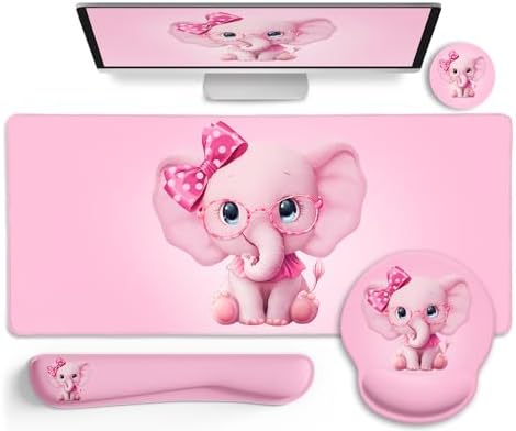 LIMKRIAN Elephant Mouse Pad Large Desk Mat Set, Kawaii Pink Desk Decor by LIMKRIAN