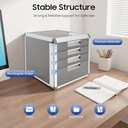 Desk Organizer with 4 Drawers, Metal Desktop Storage Cabinet File Holder with Locks and Keys, Filing Case Literature Organizer for Office Home, L12.4*D13.8*H11.7in, Silver & Grey - Image 4