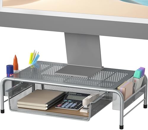 Simple Houseware Metal Desk Monitor Stand Riser w/ Organizer Drawer, Silver by SimpleHouseware