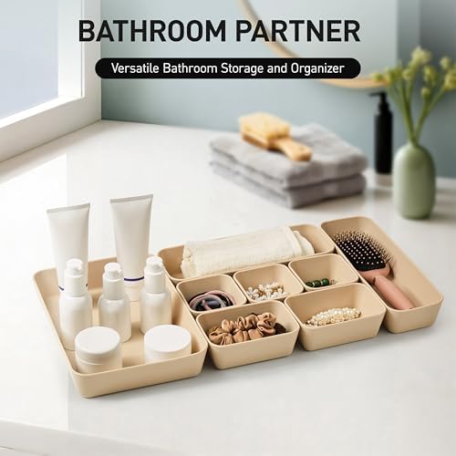 ISSEVE 8Pcs Silicone Bathroom Drawer Organizer Trays Set, 4 Sizes, Beige - Image 4