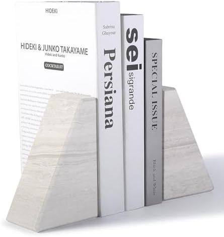 Marble Book Ends for Heavy Books, Decorative Bookends for Shelves, Durable and Heavy-Duty Bookends for Hardback Book & CDS, Off-White Unique Books Stopper & Holder, Set of 2 - Image 2