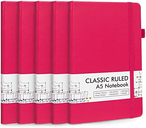 feela 5 Pack Notebooks Journals Bulk, Hardcover Notebook Classic Ruled Lined Journals with Pen Holder for Women Girls School Business Supplies, with 5 Black Pens, 120 GSM, 5.1”x8.3”, A5, Berry by feela