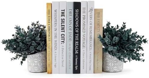 MyGift L-Shaped Decorative Bookends with Blue Artificial Eucalyptus in Modern Gray Geometric Concrete Pot – Pair for Shelf, Desk, or Nook Décor by MyGiftHome