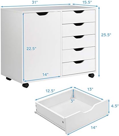 GIANTEX File Cabinet, Mobile Lateral Filing Cabinet with 5 Drawers &1 Door, Wheels, Rolling Storage Organizer for Home Office, Study Room (31”x 15.5” x 25.5”, White) - Image 3