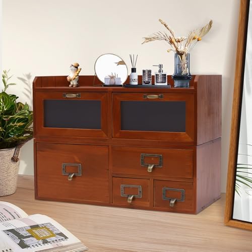 6-Drawer Desktop Organizer Cabinet, Wooden Desk Organizer, Drawer Storage Organization Box for Office Supplies Makeup Jewelry Craft, Retro Brown (18.5x8.66x12.6 inch) - Image 2