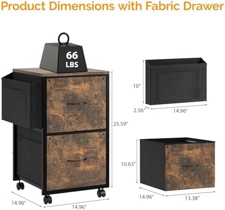 VINGLI 2 Drawer File Cabinet with Side Bag, Rolling Mobile Under Desk with Wheels, Fabric Drawers Printer Stand for Home Office, Fits Letter Size, Rustic Brown - Image 3