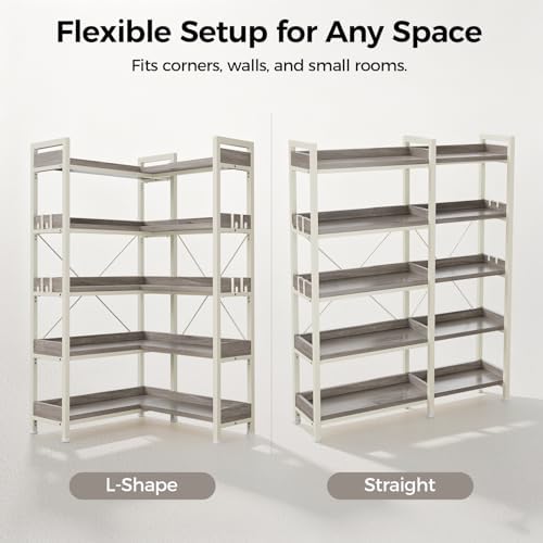 GTPLAYER 5-Tier Corner Bookshelf, L-Shaped Metal Frame Shelf with Tall 14" Shelves, Plant Stand and Storage Rack for Small Spaces, Living Room and Home Office, Gray & White - Image 6