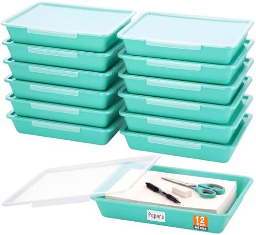 Tinlade 12 Pcs Classroom Paper Storage Bins with Lids, Teal, 13x10in by Tinlade
