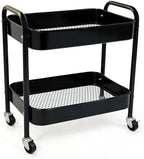 2 Tier Metal Rolling Utility Cart with Wheels Under Desk Storage Cart with Handle, Roll Around Organizer Trolley for Small Space Pantry Bathroom Home Kitchen Office Snack Baby Supplies, Black by Ufriandz