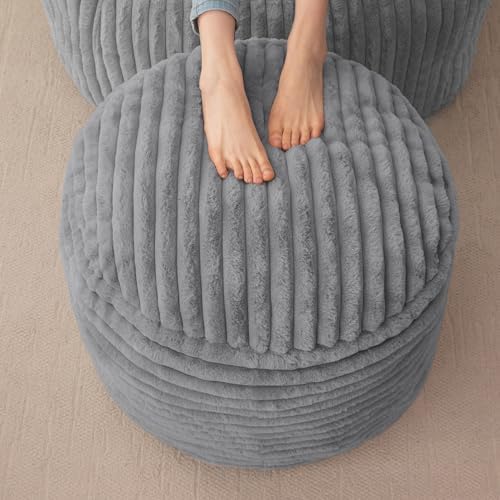 HIGOGOGO Round Stuffed Pouf Ottoman, Stripe Faux Fur Poufs with Foam Chunk Filling, Furry and Fluffy Pouf Foot Stool Storage Ottoman, 20 X 15 Floor Poufs Foot Rest for Living Room, Grey by HIGOGOGO