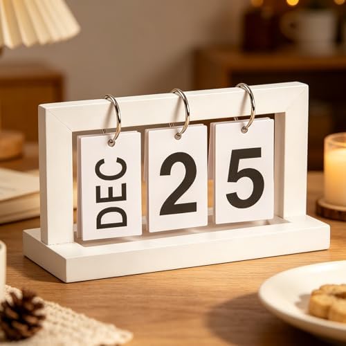 Wooden Perpetual Flip Calendar—White Wood Finish—Minimalist Page Flipper with Metal Ring—Reusable Daily Date Tracker for Home Office Study or Nightstand - Image 3