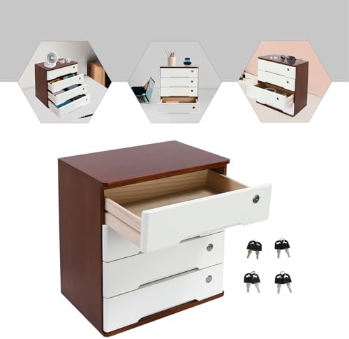 Wood Desk Organizer with 4 Drawers, Lockable Desktop Countertop Storage Cabinet for Home Office Supplies File Tabletop Storage Box, 15.75" x 11.02" x 15.94" (Dark Brown + White) - Image 5