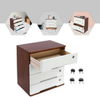 4 Drawers Wooden Desktop Storage Box W/Lockable Drawers,16 In H Office Supplies File Organizer, Flat File Cabinet,Wood Rail & Curved Handle For Dresser Tabletop. (Walnut + White) - Image 6