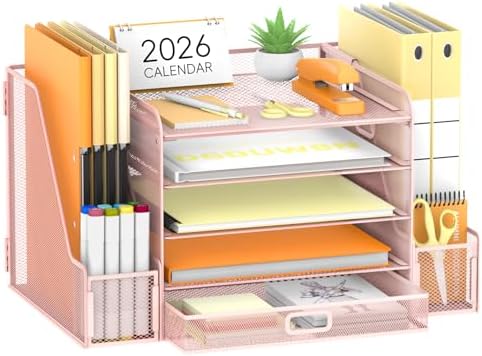 SUPEASY Mesh Desk Organizer with File Holder, 5-Tier Paper Letter Tray Organizer with Magazine Holder, Desktop Organizer and Storage with Drawer for Office Supplies Home or School (Pink) by SUPEASY