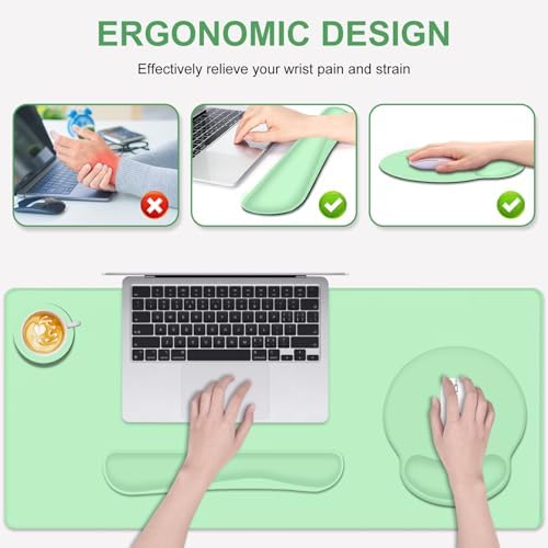 4 PCS Mouse Pad Desk Mat Protector, Keyboard Wrist Rest + Comfortable Mouse Pad with Wrist Rest +Coaster, Large Gaming Mousepad for Computer Laptop, 35.4"X 15.7" Deskpad for Office Home I Light Green - Image 2