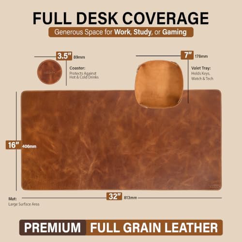 Elizo Real Leather Desk Mat Set (32x16) Large Desk Cover Desk Blotter Protector Computer Gaming Mouse Pad Table Laptop Office Desktop Accessories - Cognac Crunch - Image 2