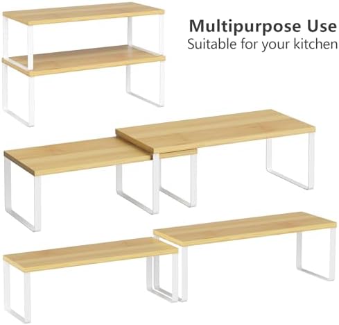 NEX Kitchen Cabinet and Counter Shelf Organizer, Stackable & Expandable, Set of 4, White and Natural - 7.7 x 15.6 x 6.2'' - Image 4