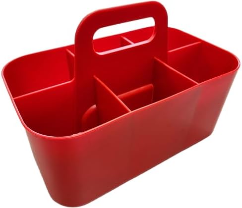 Small Stackable Plastic Caddy with Handle 6 Compartment | Desk, Makeup, Dorm Caddy, Classroom Art Organizers - 4 Pack, Made In USA (Red) - Image 2